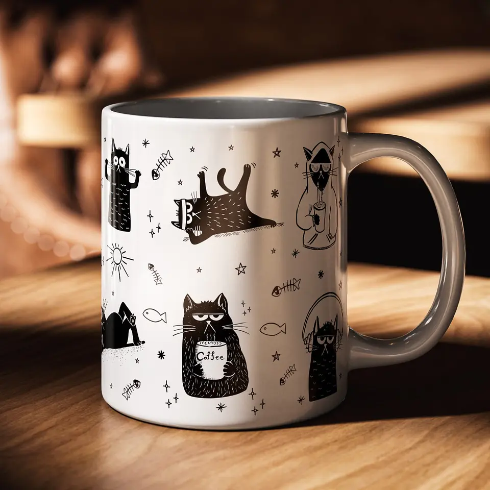 Arte Caneca Gatinhos Pretos Arquivo em Png 2