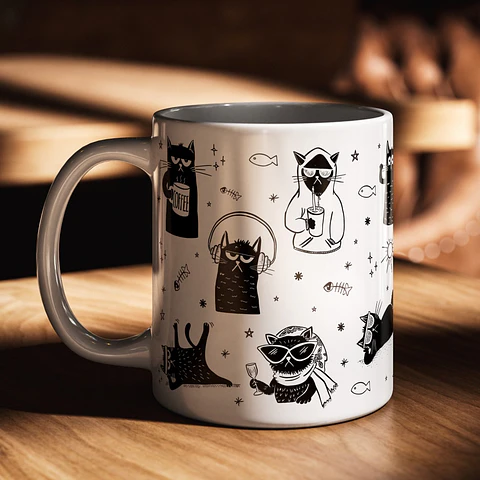 Arte Caneca Gatinhos Pretos Arquivo em Png