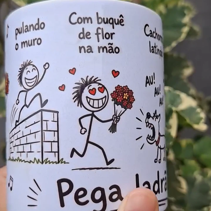 Arte Caneca Lá vai o louco, pulando o muro, com buquê de flor na mão, cachorro latindo, au! au! au!, a polícia chegando, a vizinha gritando, pega ladrão! Arquivo em Pdf  1