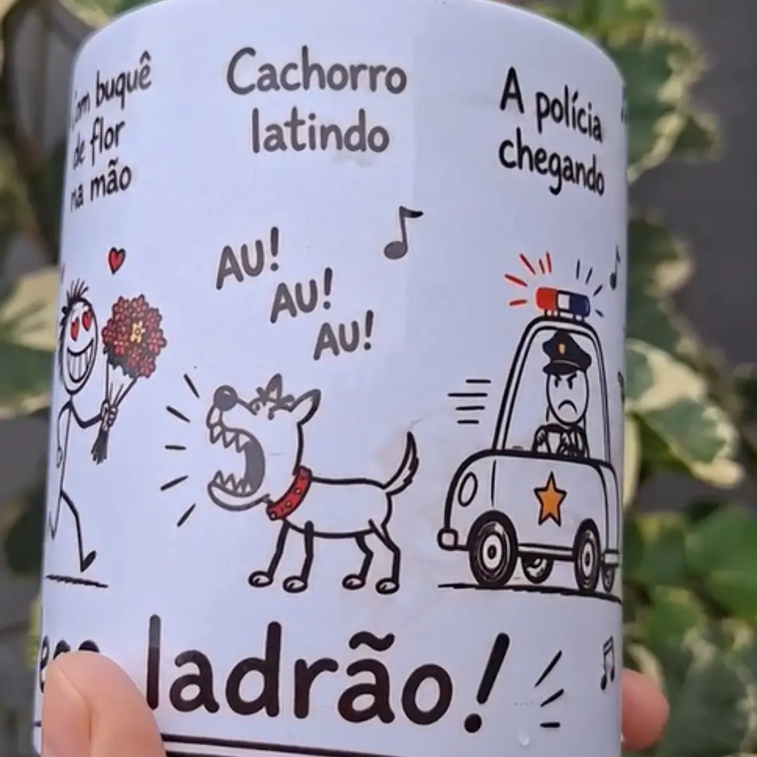 Arte Caneca Lá vai o louco, pulando o muro, com buquê de flor na mão, cachorro latindo, au! au! au!, a polícia chegando, a vizinha gritando, pega ladrão! Arquivo em Pdf  3