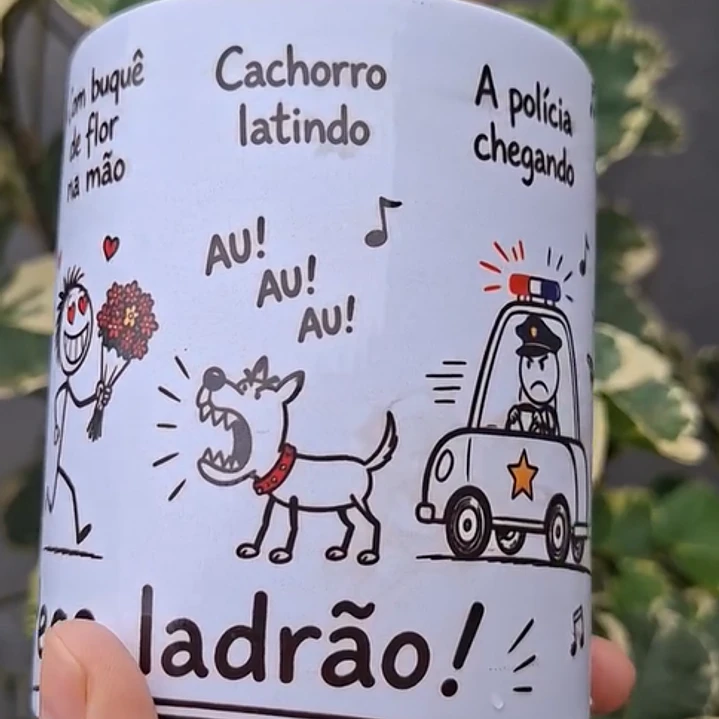Arte Caneca Lá vai o louco, pulando o muro, com buquê de flor na mão, cachorro latindo, au! au! au!, a polícia chegando, a vizinha gritando, pega ladrão! Arquivo em Pdf  3