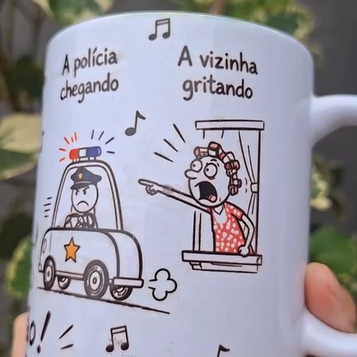 Arte Caneca Lá vai o louco, pulando o muro, com buquê de flor na mão, cachorro latindo, au! au! au!, a polícia chegando, a vizinha gritando, pega ladrão! Arquivo em Pdf  5