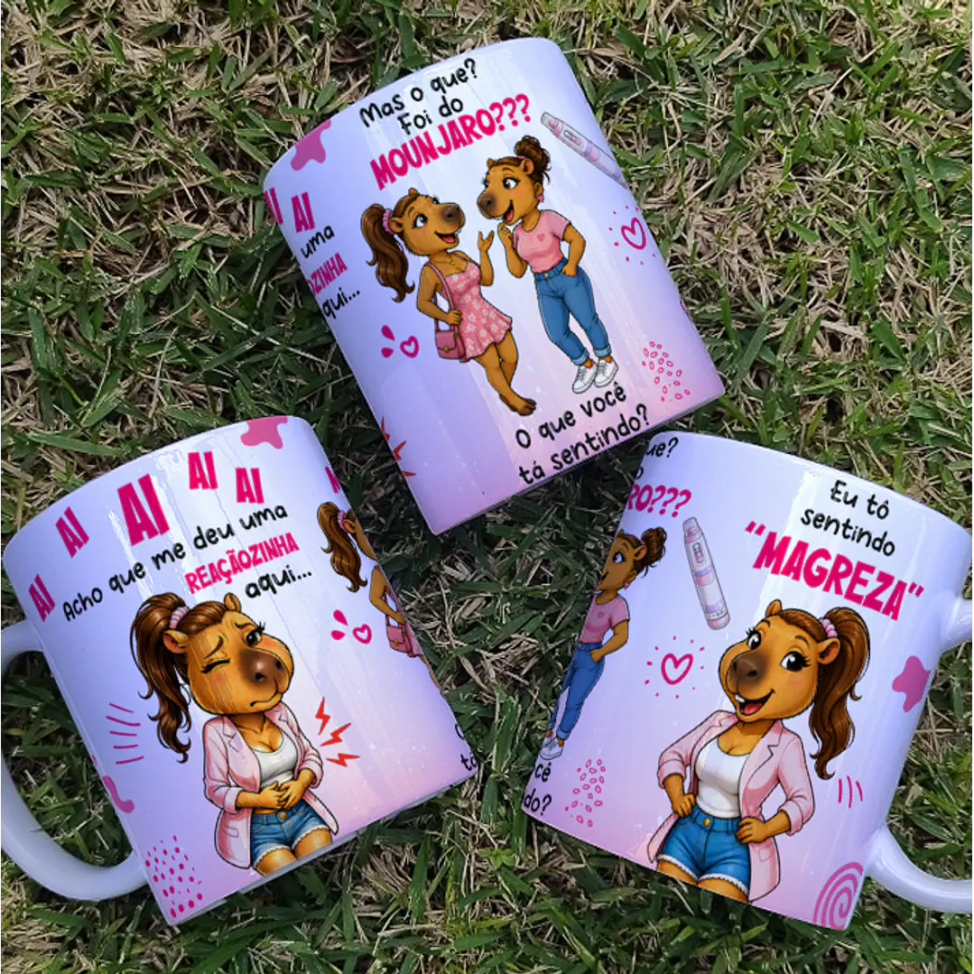 Arte Caneca Ai ai ai acho que me deu uma “reaçãozinha” aqui... Mas o que? Foi do Mounjaro??? E o que você está sentindo? Eu tô sentindo “magreza” Arquivo Editável 1