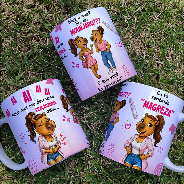 Arte Caneca Ai ai ai acho que me deu uma “reaçãozinha” aqui... Mas o que? Foi do Mounjaro??? E o que você está sentindo? Eu tô sentindo “magreza” Arquivo Editável 1