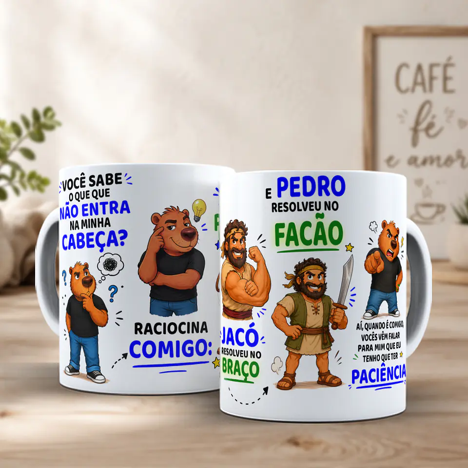 Arte para Caneca você sabe o que que não entra na minha cabeça, raciocina comigo, davi resolveu na pedrada, jacó resolveu no braço Arquivo em Jpg 2