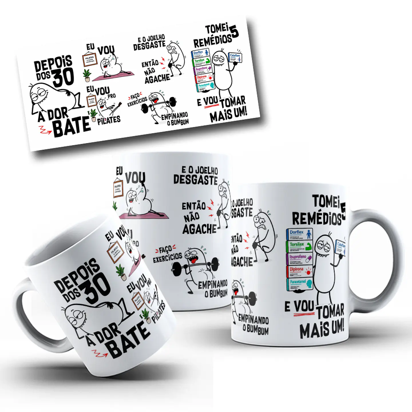 Arte para Caneca Flork Depois dos 30 a dor bate, eu vou pro pilates, e o joelho desgaste Arquivo em Jpg 1