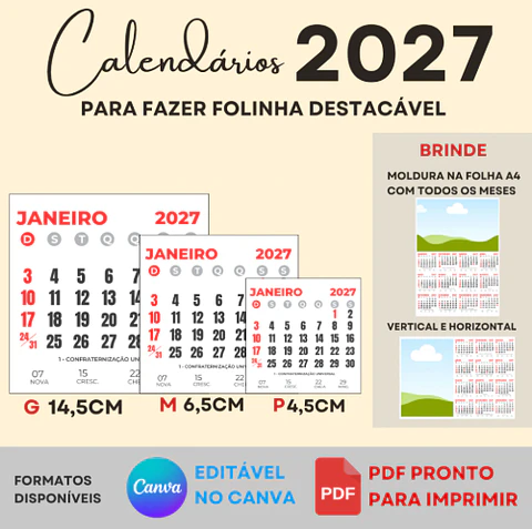 Arquivo Calendário 2027 para Fazer folhinha destacavél Arquivo Editável 
