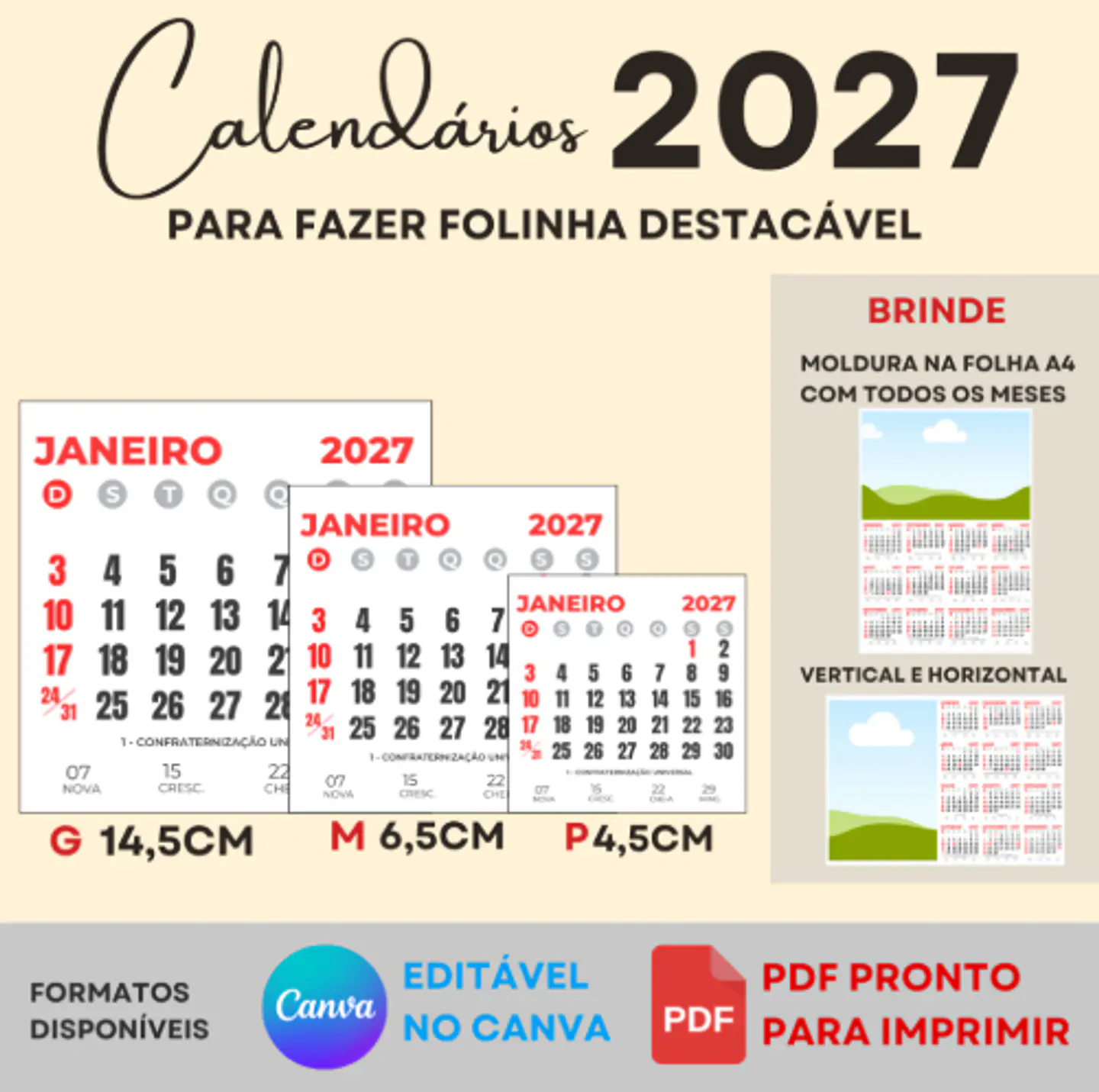 Arquivo Calendário 2027 para Fazer folhinha destacavél Arquivo Editável  1