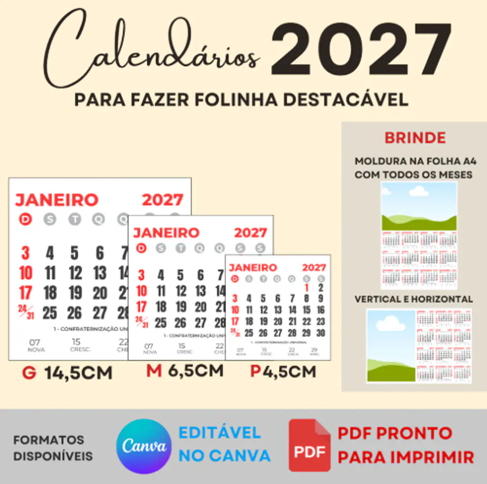Arquivo Calendário 2027 para Fazer folhinha destacavél Arquivo Editável  1