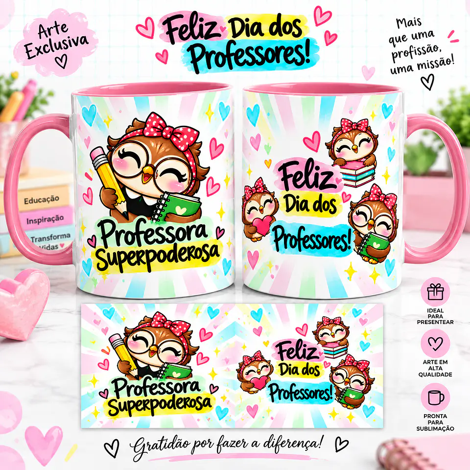 Arte para Caneca Feliz Dia dos Professores Corujinha Grátis | Sublimação 1