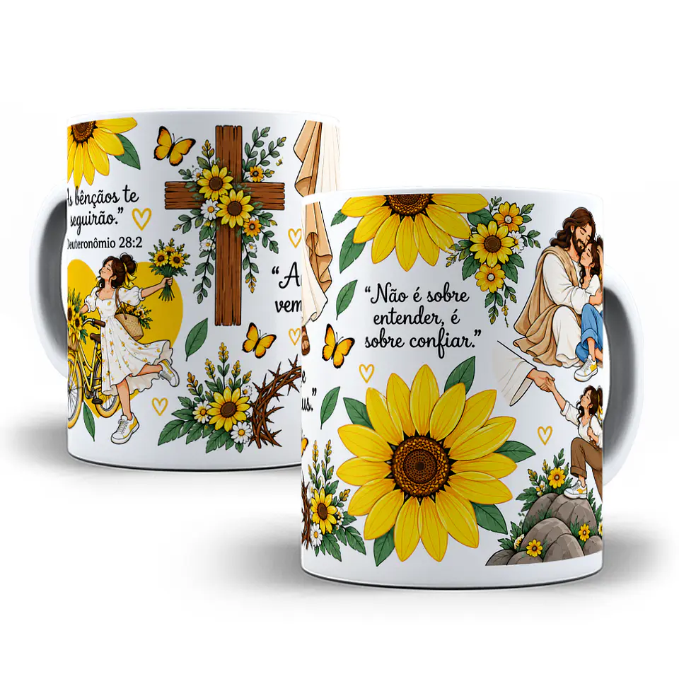 Arte para Caneca As bênçãos te seguirão - Versiculo Deuteronômio 28:2 Girasol Arquivo em Png 1