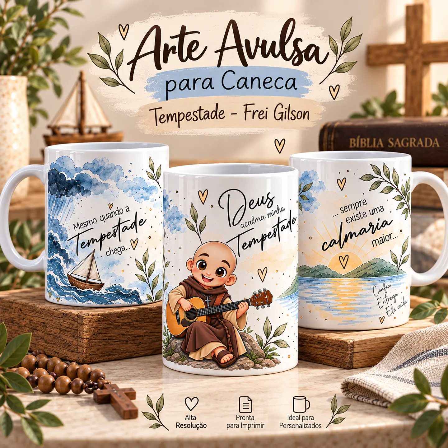 Arte para Caneca Mesmo quando a tempestade chega...Dreus acalma minha tempestade, sempre existe uma calmaria maior - Frei Gilson Arquivo em Png 1