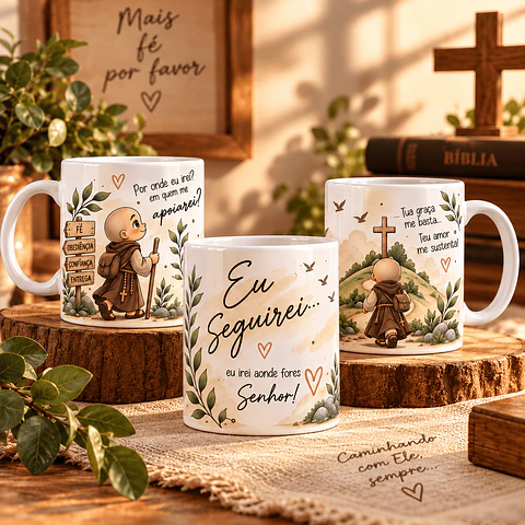 Arte para Caneca Por onde eu irei? em que me apoiarei? Eu seguirei... eu irei aonde fores senhor! tua graça me basta, teu amor me sustenta! - Frei Gilson Arquivo em Png 