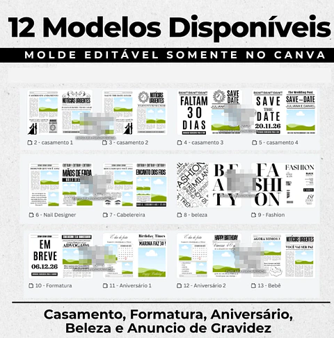 12 Artes Jornal Casamento, Formatura, Aniversário e Gravidez em Canva Grátis | Sublimação 