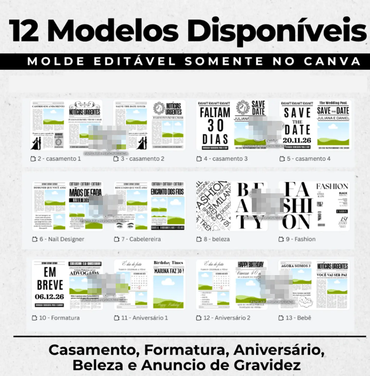 12 Artes Jornal Casamento, Formatura, Aniversário e Gravidez em Canva Grátis | Sublimação  1
