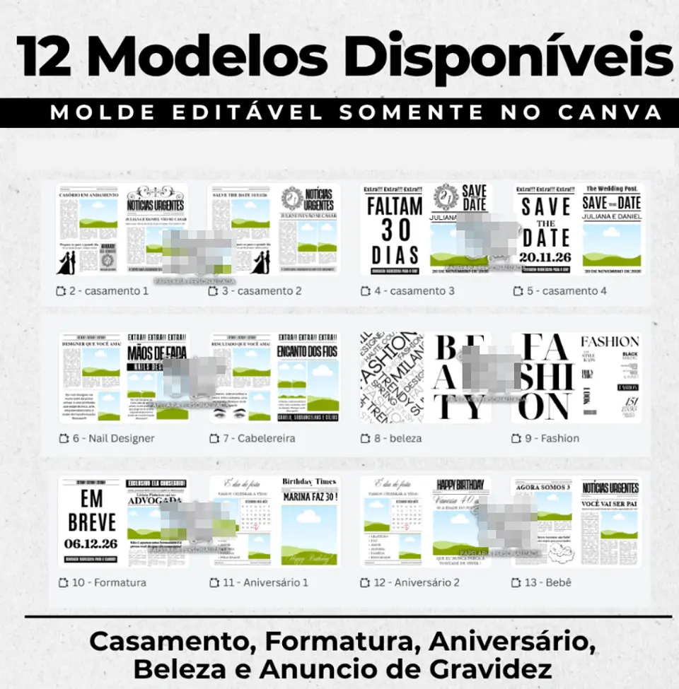 12 Artes Jornal Casamento, Formatura, Aniversário e Gravidez em Canva Grátis | Sublimação  1