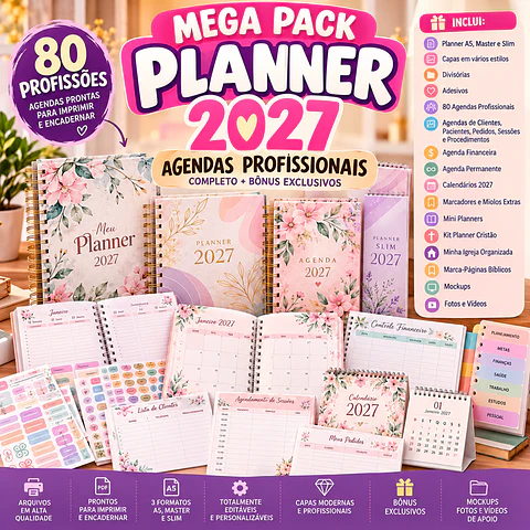 Mega Pack Planner 2027 + Agendas Profissionais | 80 Profissões + A5, Master e Slim