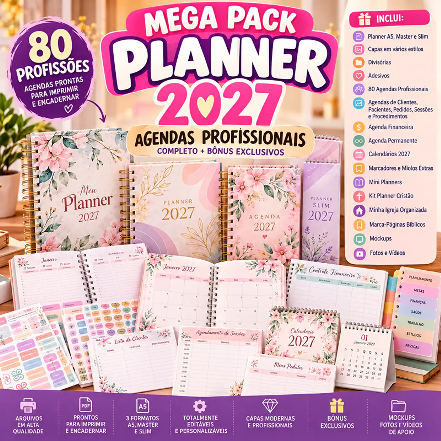 Mega Pack Planner 2027 + Agendas Profissionais | 80 Profissões + A5, Master e Slim 1