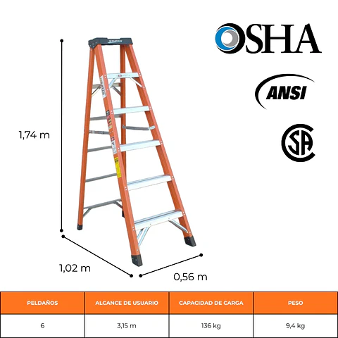 ESCALERA FIBRA DE VIDRIO TIJERA 1,88 METROS / 6 PELDAÑOS