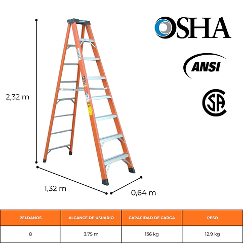 ESCALERA FIBRA DE VIDRIO TIJERA 2,49 METROS / 8 PELDAÑOS