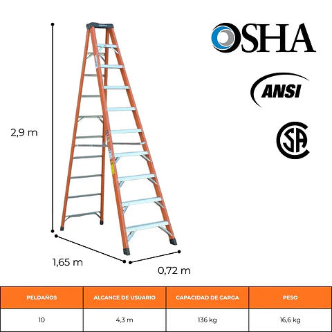 ESCALERA FIBRA DE VIDRIO TIJERA 3,10 METROS / 10 PELDAÑOS
