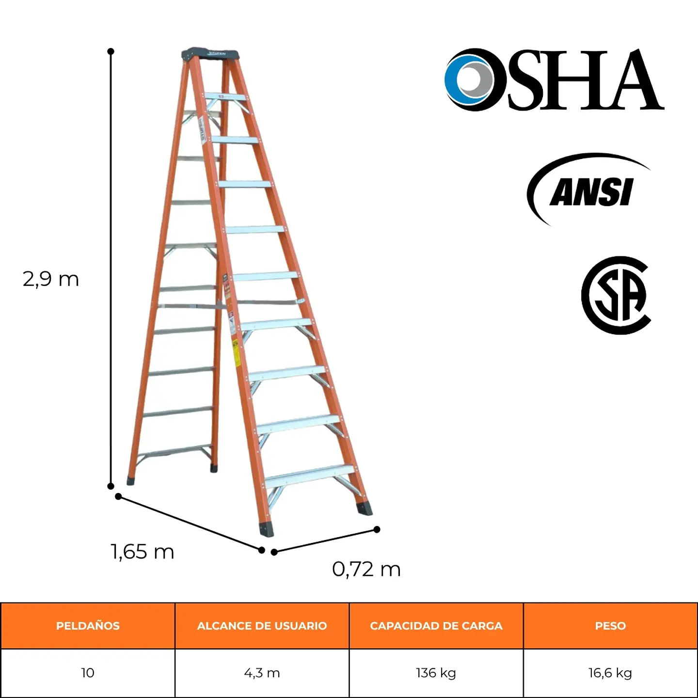 ESCALERA FIBRA DE VIDRIO TIJERA 3,10 METROS / 10 PELDAÑOS 2