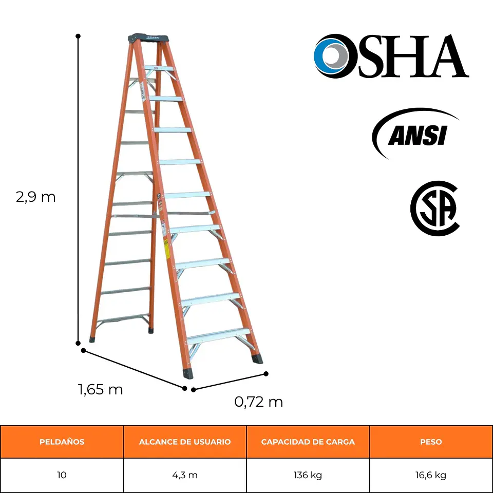 ESCALERA FIBRA DE VIDRIO TIJERA 3,10 METROS / 10 PELDAÑOS 2