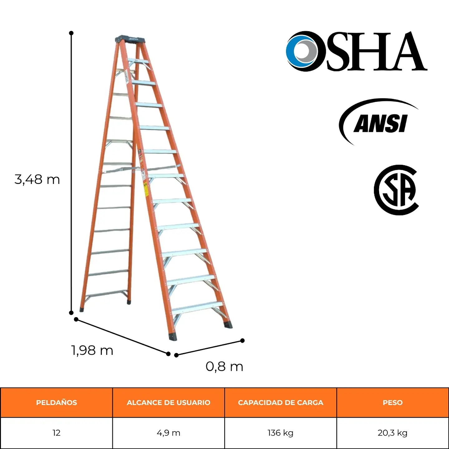 ESCALERA FIBRA DE VIDRIO TIJERA 3,71 METROS / 12 PELDAÑOS 2