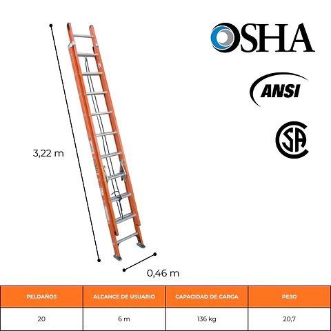 ESCALERA FIBRA DE VIDRIO TELESCÓPICA 5,29 METROS / 2x10 PELDAÑOS