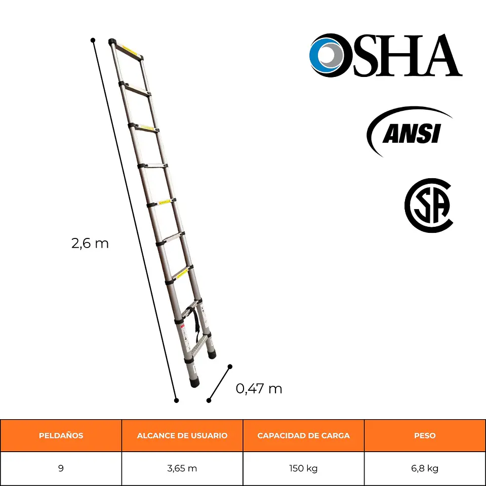 ESCALERA DE ALUMINIO TELESCÓPICA RETRÁCTIL 2.6m 2