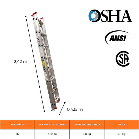 ESCALERA DE ALUMINIO TELESCÓPICA 4,0 METROS / 2x8 PELDAÑOS