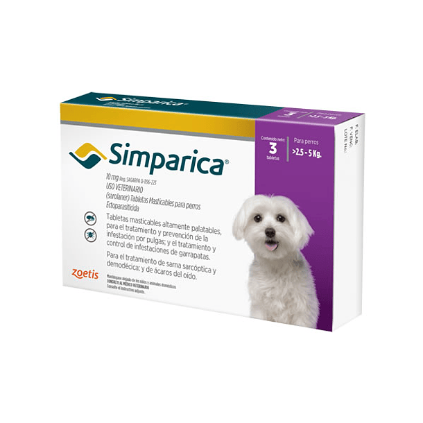 Antiparasitario Simparica ﻿(2,5 - 5kg) 3 Comprimidos 1