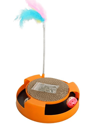 Rascador gato base con catnip y cartón, y varilla con resorte y pluma