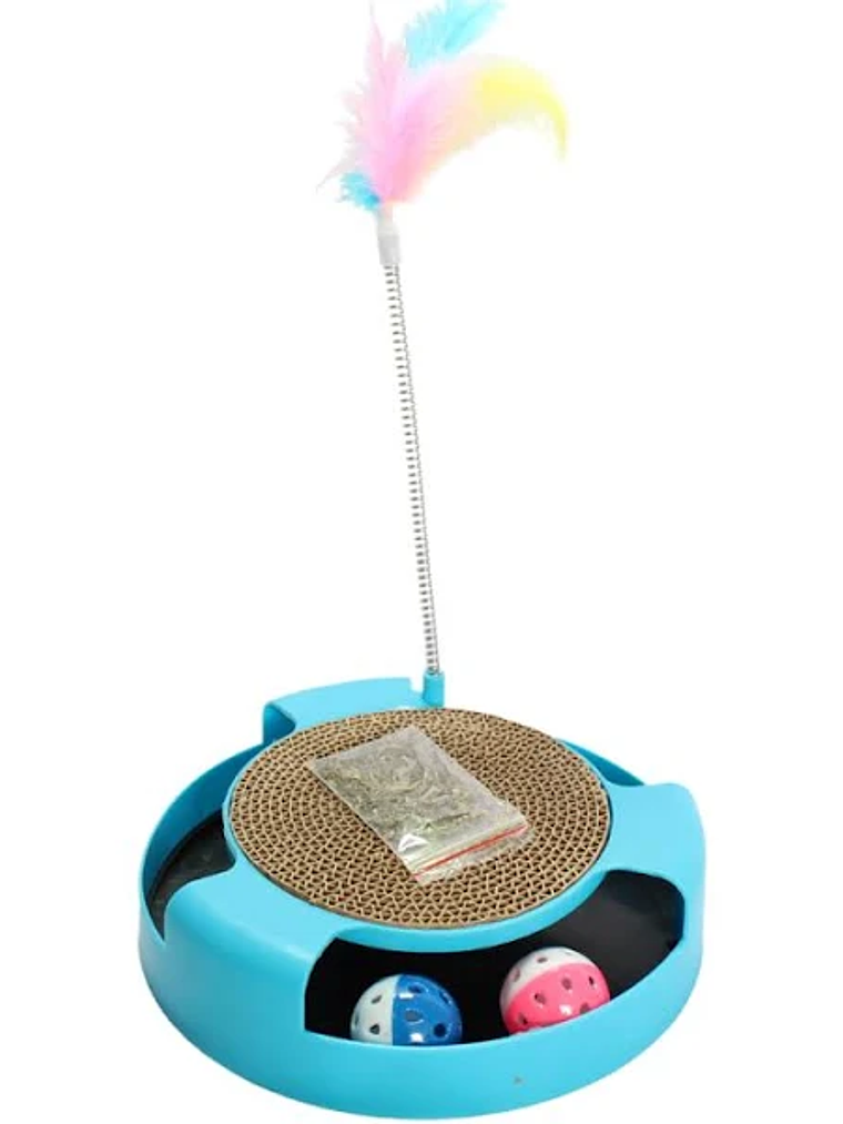 Rascador gato base con catnip y cartón, y varilla con resorte y pluma 2