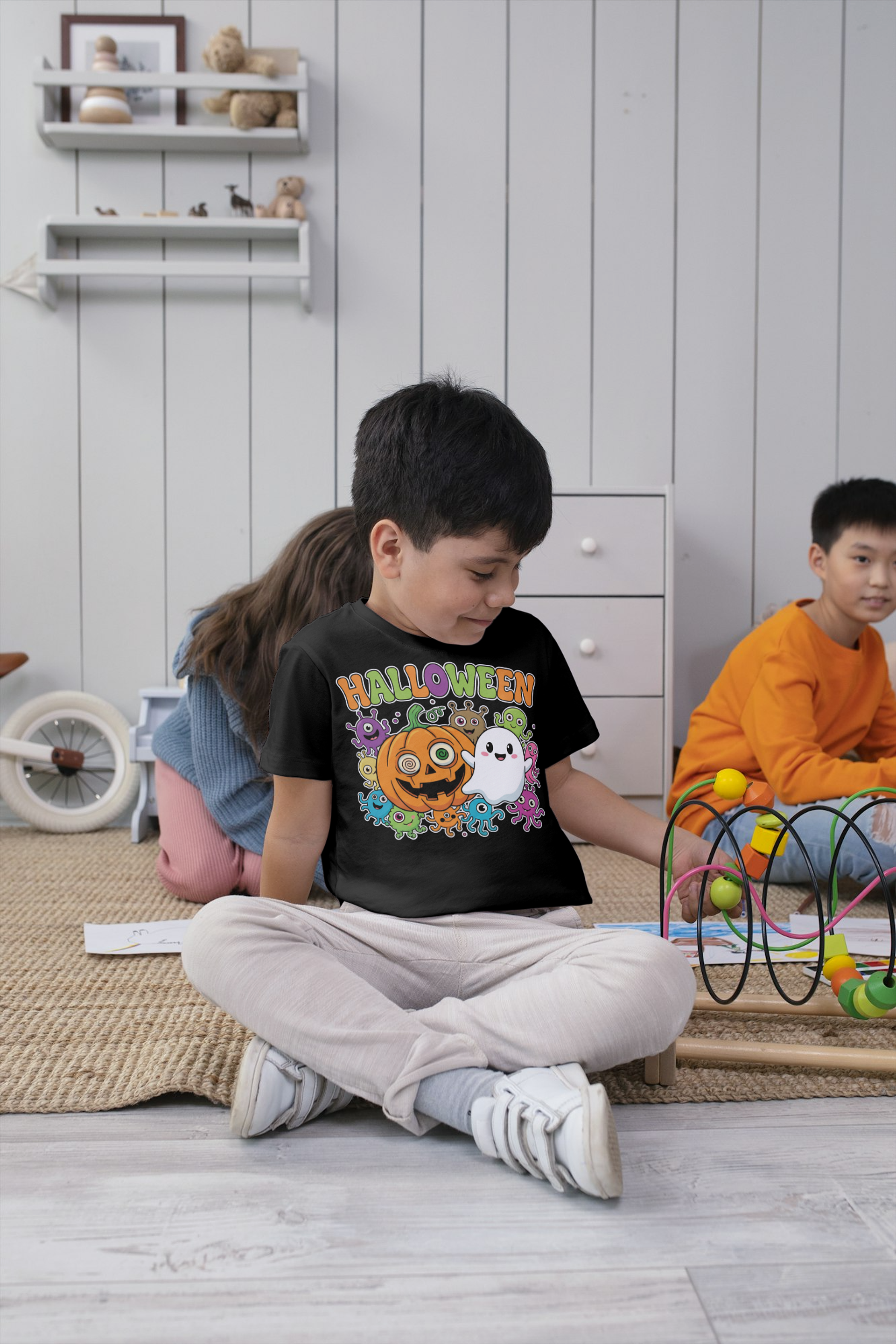 T-shirt Infantil Halloween – Fantasma & Abóbora Colorida 1