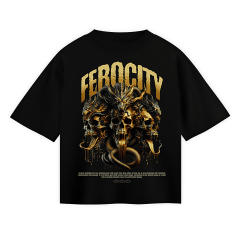 T-shirt Oversized Black "Ferocity" – Golden Dragon & Skull Streetwear Tee