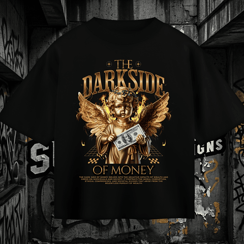 T-shirt Oversized Black "The Darkside of Money" – Luxury Gold Angel Tee