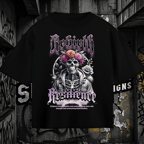 T-shirt Oversized Black "Rebirth Resilience" – Gothic Skull Floral Tee