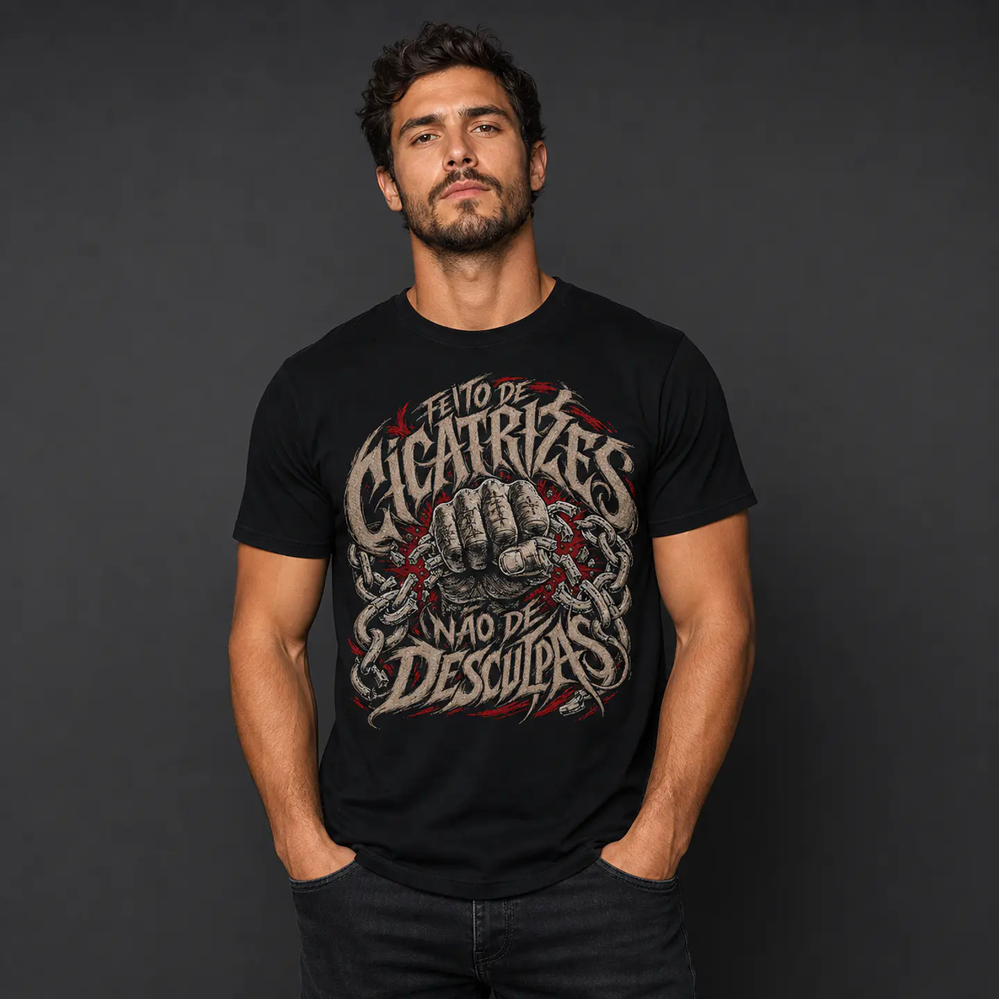 T-shirt Preta Adulto — Feito de Correntes, Não de Desculpas 1