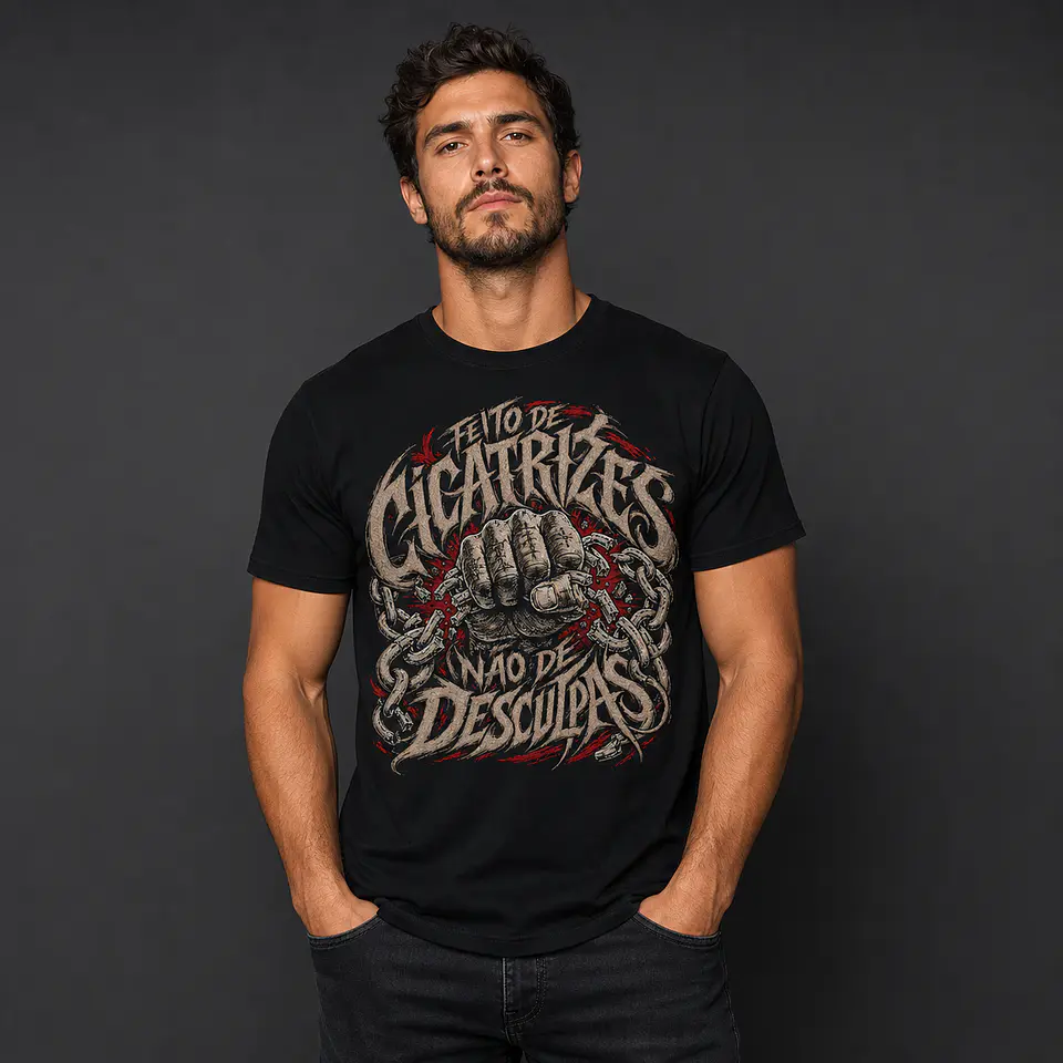 T-shirt Preta Adulto — Feito de Correntes, Não de Desculpas 1