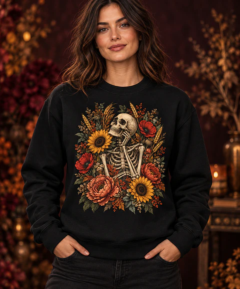 T-shirt ou Sweatshirt Halloween 2026 — Caveira Floral de Outono