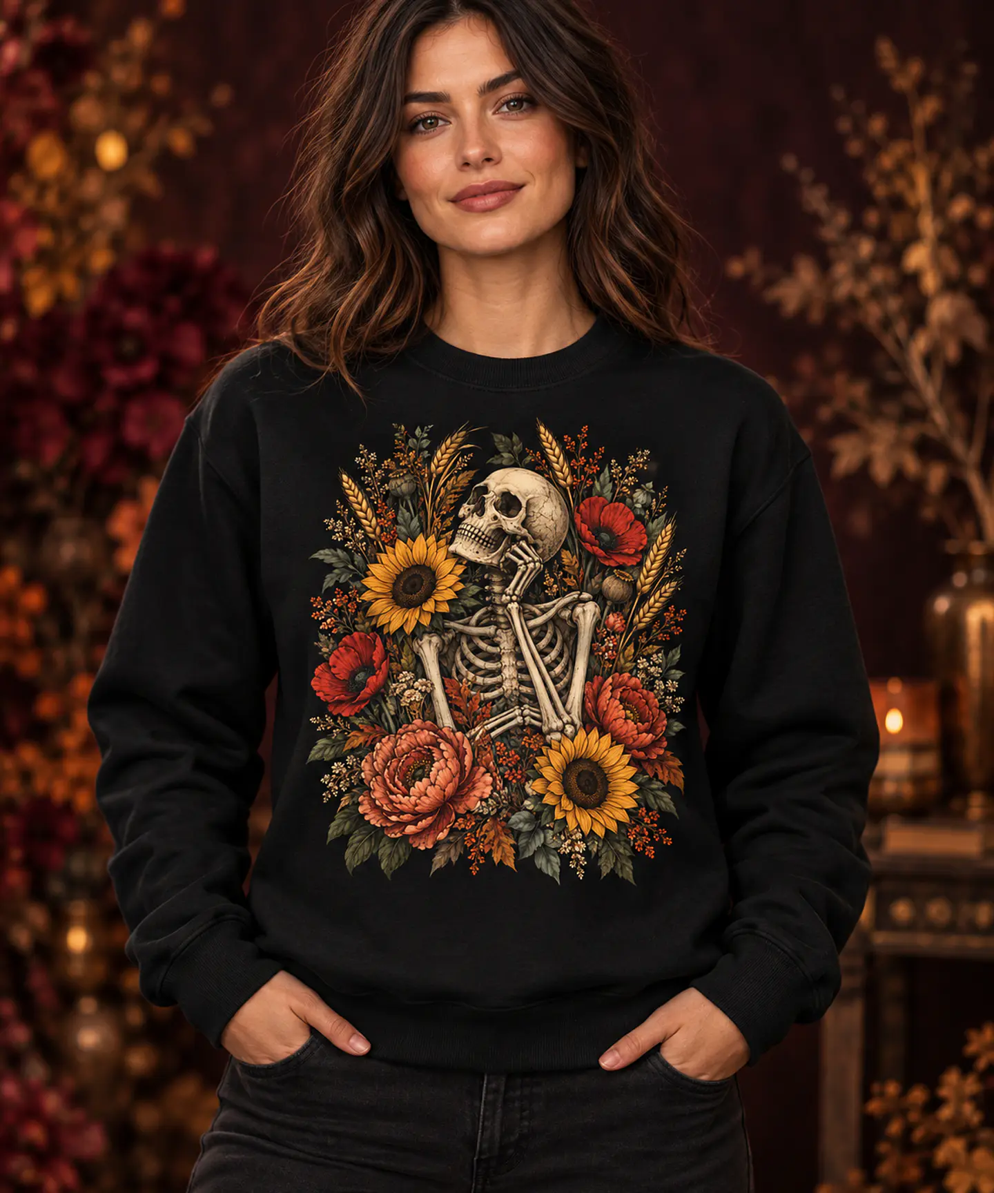 T-shirt ou Sweatshirt Halloween 2026 — Caveira Floral de Outono 1