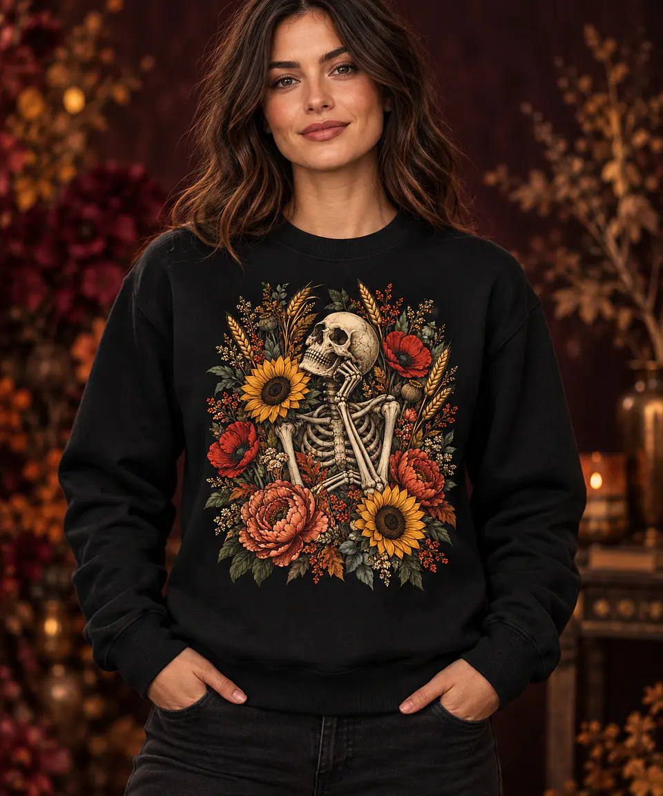 T-shirt ou Sweatshirt Halloween 2026 — Caveira Floral de Outono 1