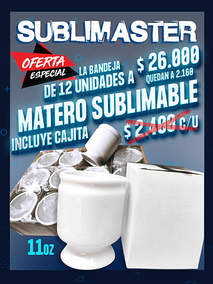 Matero ceramico sublimable blanco 11oz incluye cajita individual precio por mayor bandeja de 12 unidades