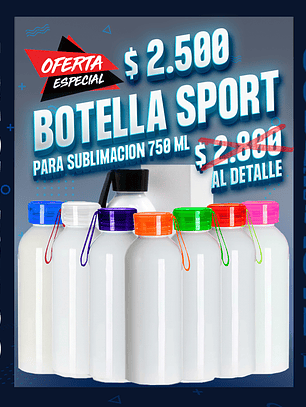 Botella sublimable tapa rosca de color 750 ml 