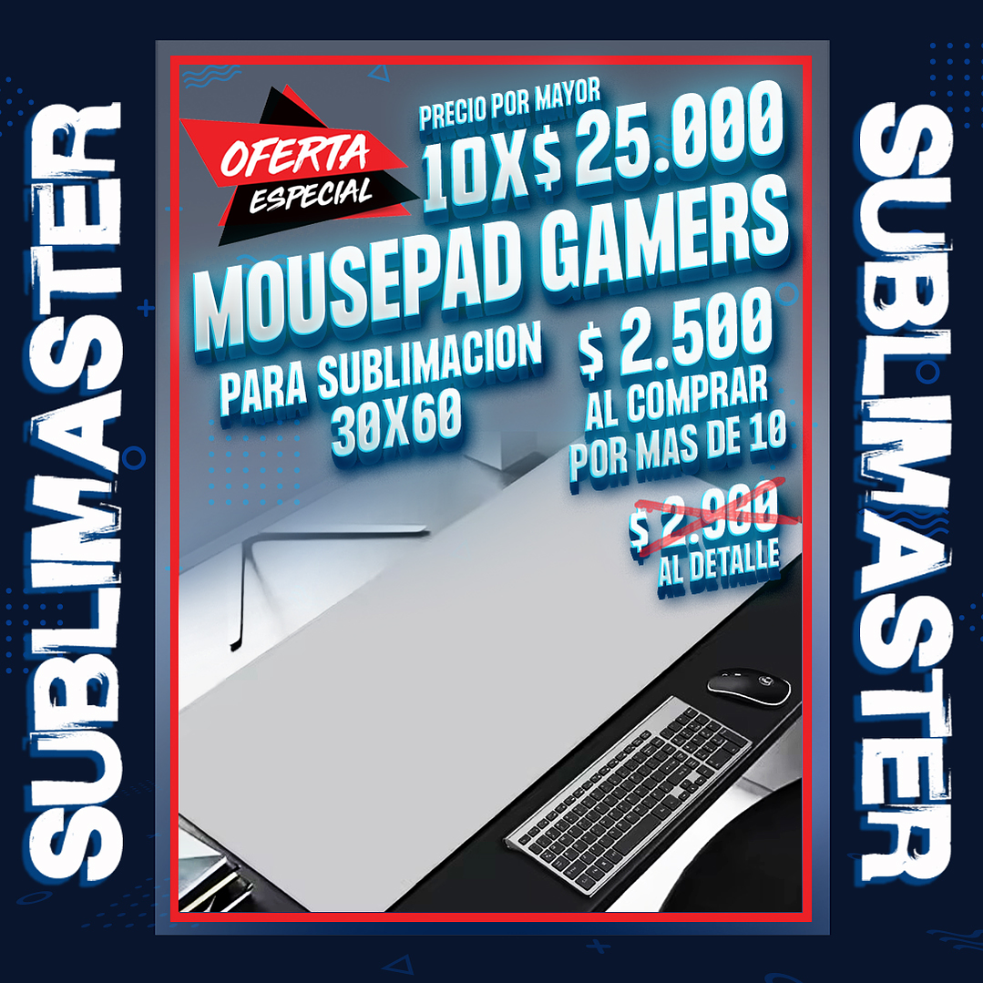 Mouse pad gamers sublimable 30X60 cm precio por mayor de 10 unidades 1