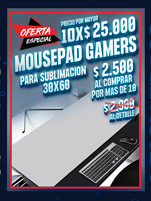 Mouse pad gamers sublimable 30X60 cm precio por mayor de 10 unidades
