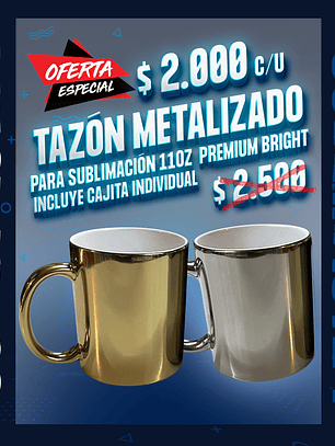 Tazon metalizado plateado y dorado 11oz Premium Bright