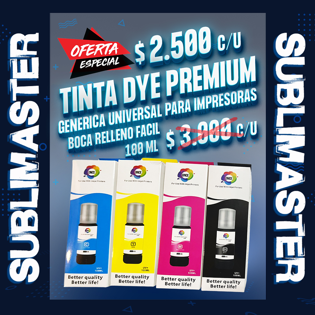 Tinta generica, universal dye premium para impresora de uso comun botella con boca de relleno facil 1