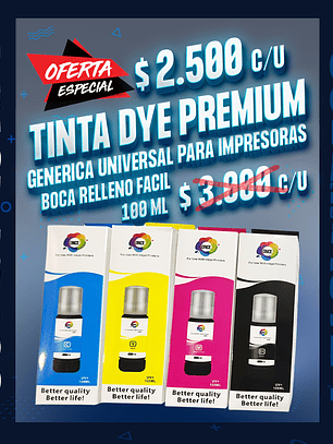 Tinta generica, universal dye premium para impresora de uso comun botella con boca de relleno facil